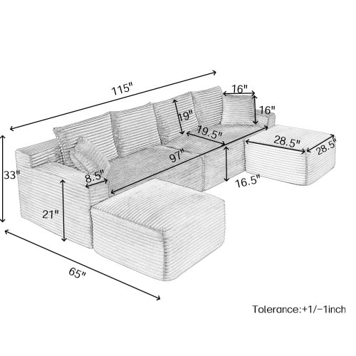 115" U-Shaped Boneless Sectional Sofa with Chaise and Ottoman, Deep Seat Plush Corduroy, No Assembly Required, Grey