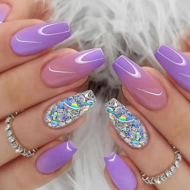 Uñas postizas cuadradas cortas a presión, uñas postizas de color violeta claro con diseños de purpurina, uñas acrílicas de verano, uñas artificiales brillantes para mujeres y niñas, 24 piezas (morado