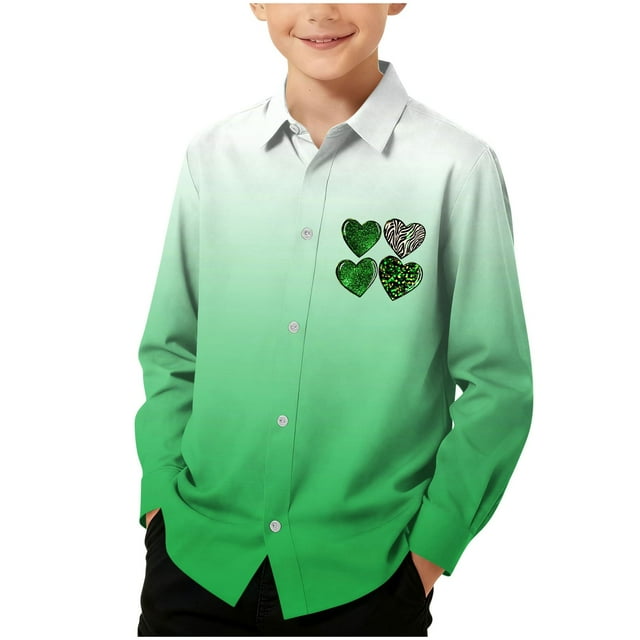 RXMEKW Chemise à Manches Longues Imprimée pour la Saint-Patrick pour Garçons avec Col Rabattu, 95 % Coton 5 % Spandex, Vert