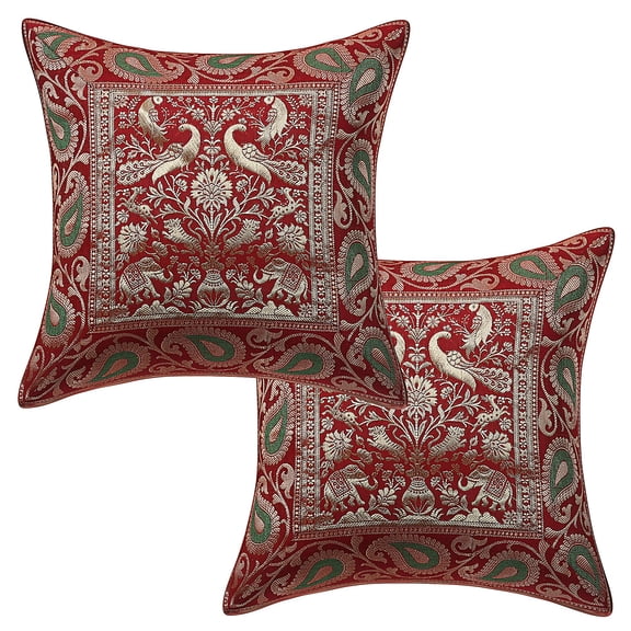 Stylo Culture Ethnic Sofa Throw Pillow Covers 16 x 16 Jacquard Maroon Gold Traditional 40 x 40 cm Home Decor Brocade Peacock Zippered Square Cushion Covers | Set Of 2