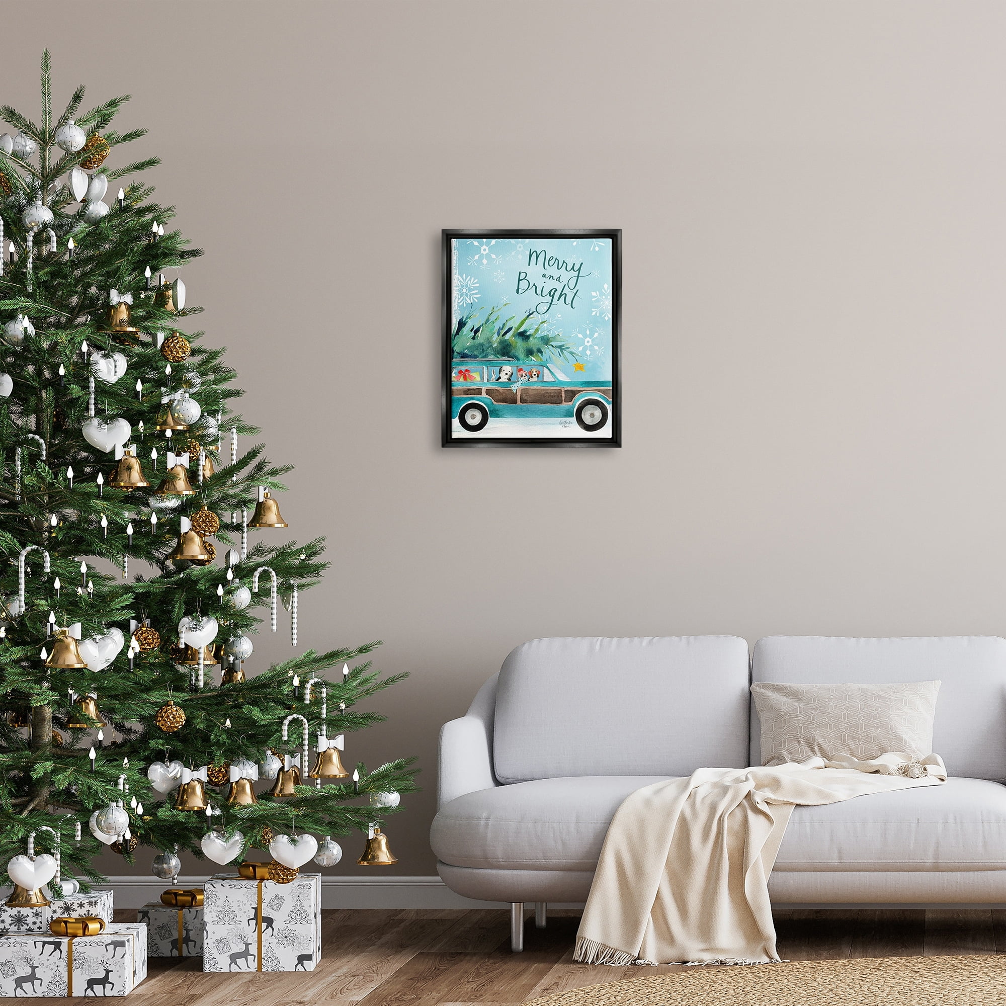 Stupell Industries Merry & Bright Christmas Scene Holiday Puppies Graphic Art Jet Black Floating Framed Canvas Print Wall Art, Design by Heatherlee Chan