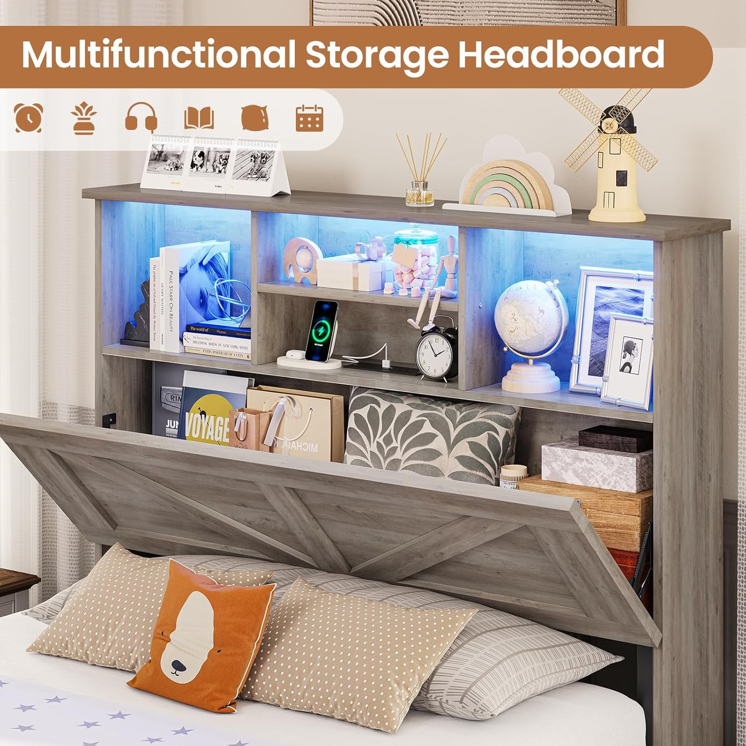 Twin Size Bed Frame, Farmhouse Wooden Platform Twin Bed with Storage Headboard Bookcase and 11'' Under-bed Storage Drawers Gray