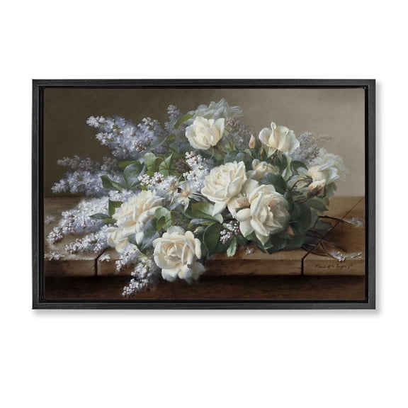 Stupell Industries White Vintage Roses Plants & Flowers Painting Black Floater Framed Canvas Art Print Wall Art, 25 x 17