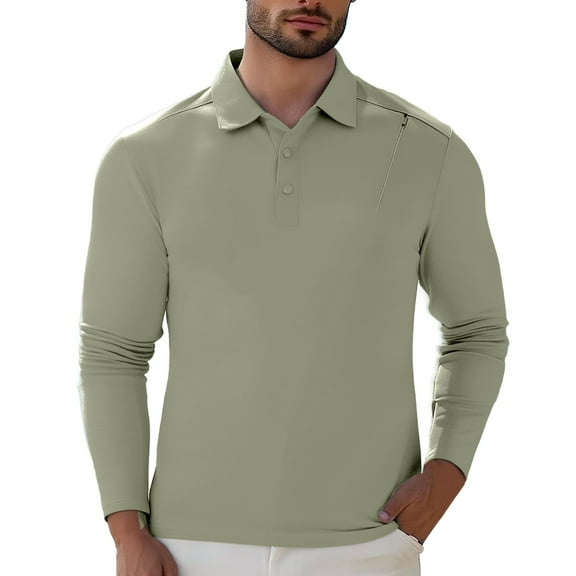 Afdoent Men's Polo Shirts Solid Color Lapel Button Open Collar Sports Base Shirt For Male Leisure Loose Comfortable Trendy Business Long Sleeve Shirt Casual Bussiness