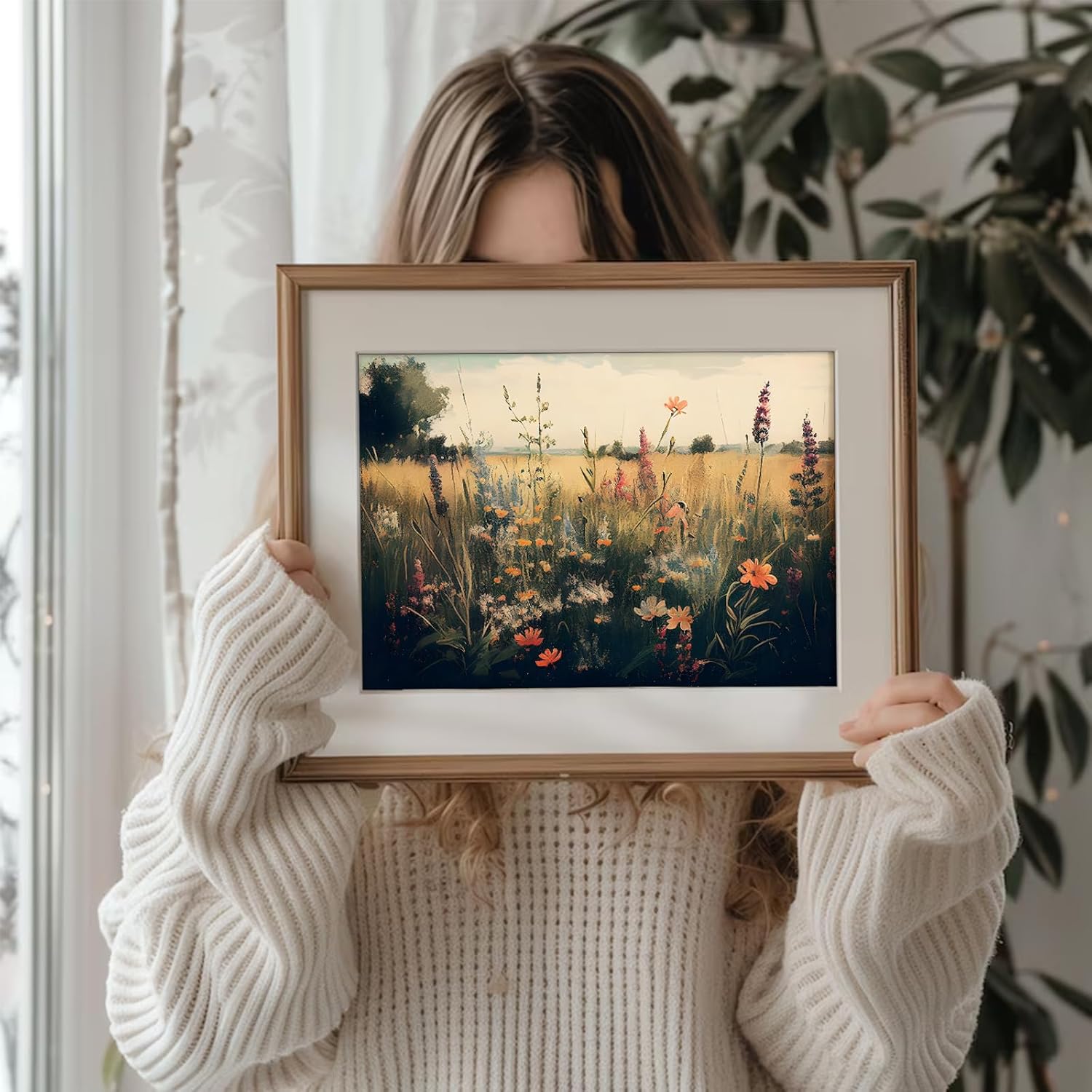 Vintage Wall Art, Classical Wildflower Field Wall Painting Canvas Prints Farmhouse Wall Art French Country Wall Decor Vintage Landscape Art Pictures for Bathroom Kitchen Decor