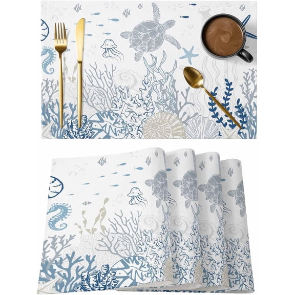 Placemats Set of 6, Blue Coastal Washable Wipeable Table Mats for Dining Tables, Summer Beach Turtle Coral Starfish Jellyfish Indoor Outdoor Waterproof Kitchen Place Mats for Holiday Table Decor
