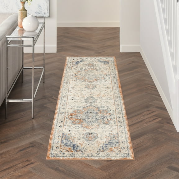Nourison Essentials Indoor/Outdoor Beige Blue 2'2" x 7'6" Area Rug (2x8)