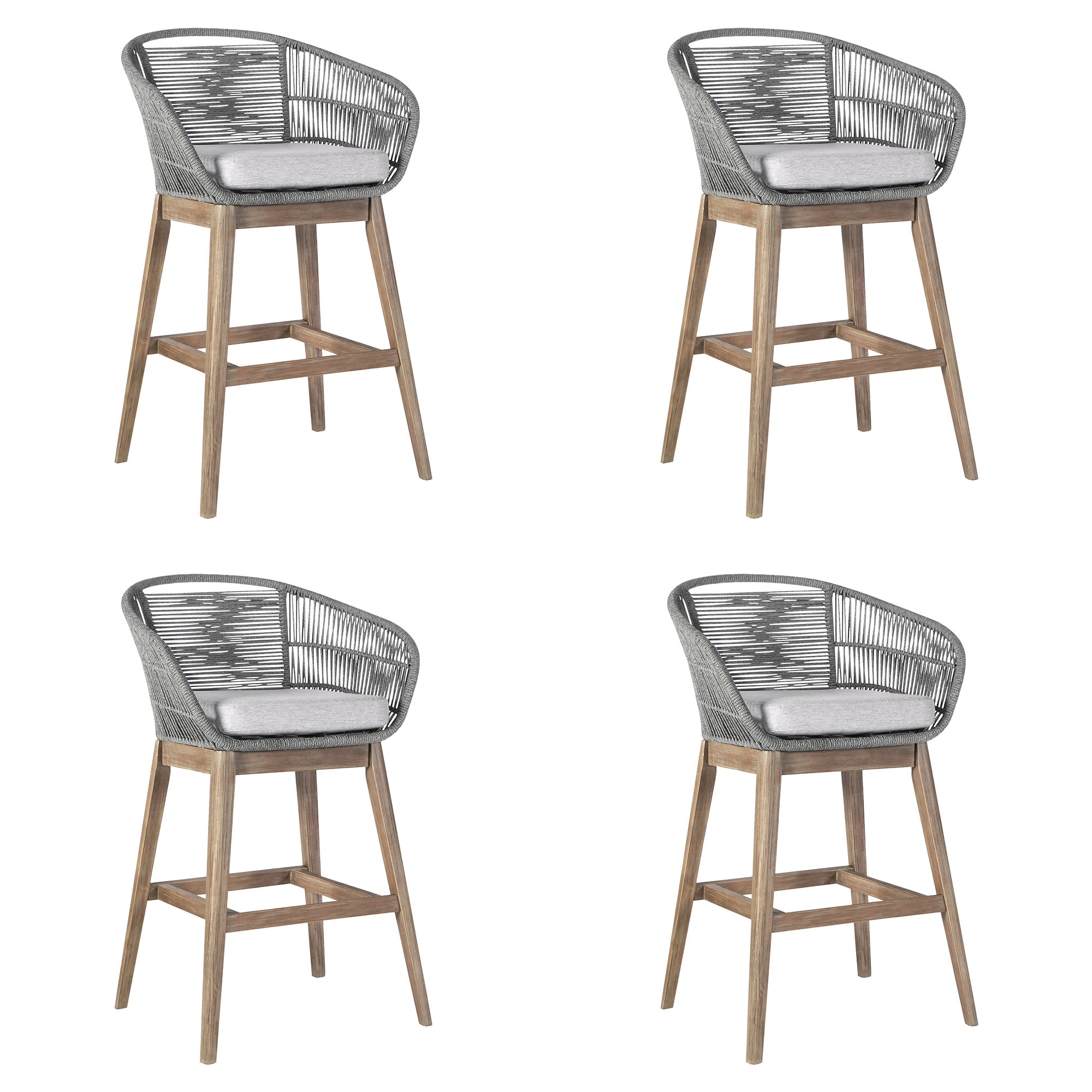 Tutti Frutti Indoor Outdoor Bar Height Bar Stool in Light Eucalyptus Wood with Gray Rope - Set of 4