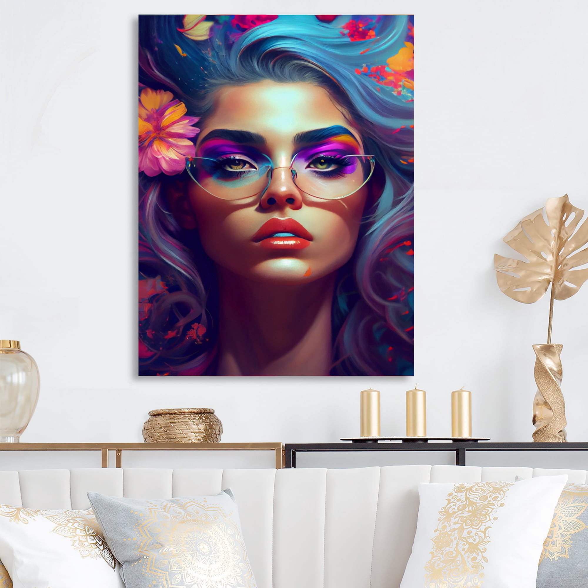 Designart Blue Attractive Woman With Flowers II Canvas Wall Art