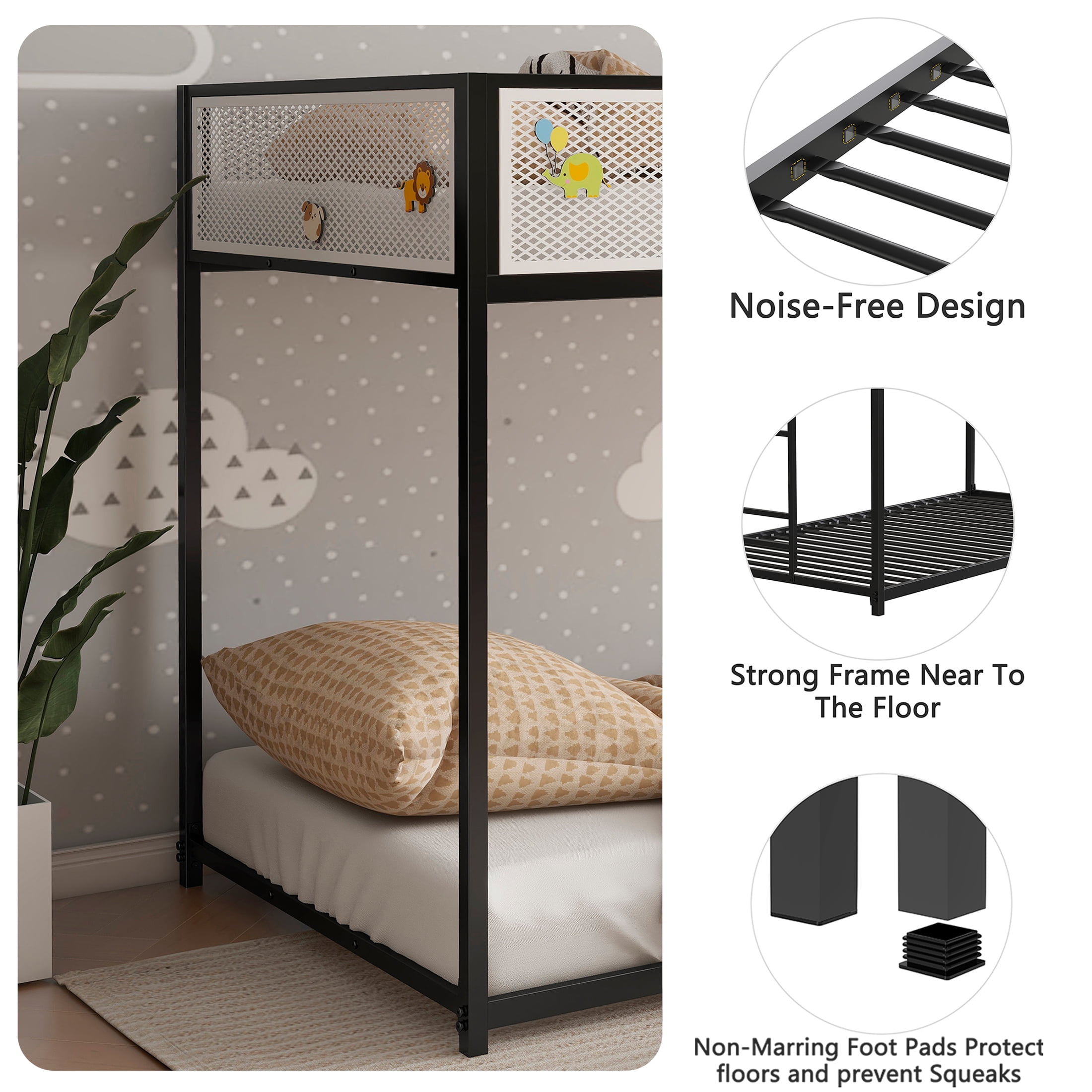 Aukfa Metal Bunk Bed, Twin over Twin Floor Bed Frame with Mesh Guardrail for Kids Teens, Black