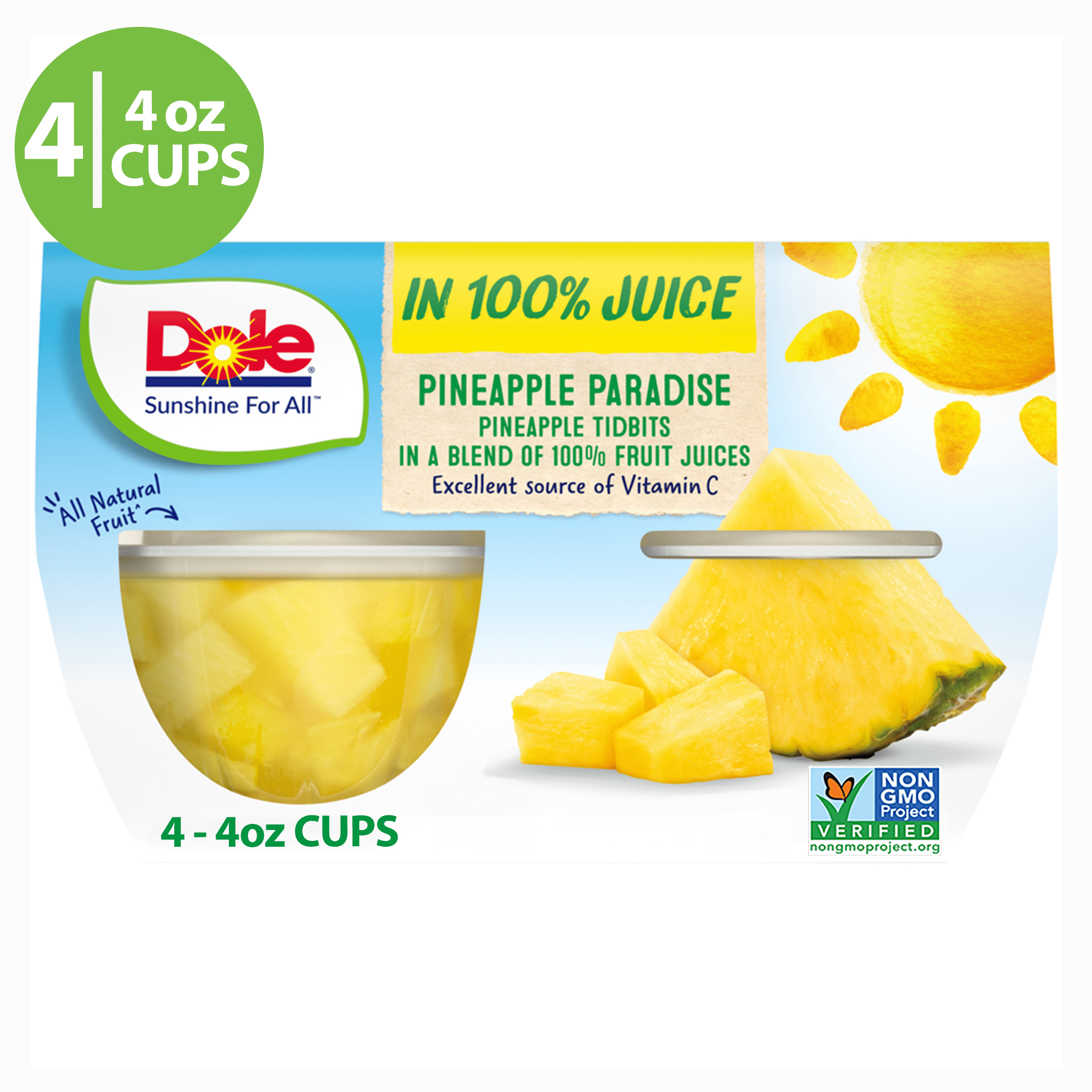 (4 Cups) Dole Fruit Bowls Pineapple Tidbits in 100% Fruit Juice, 4 oz