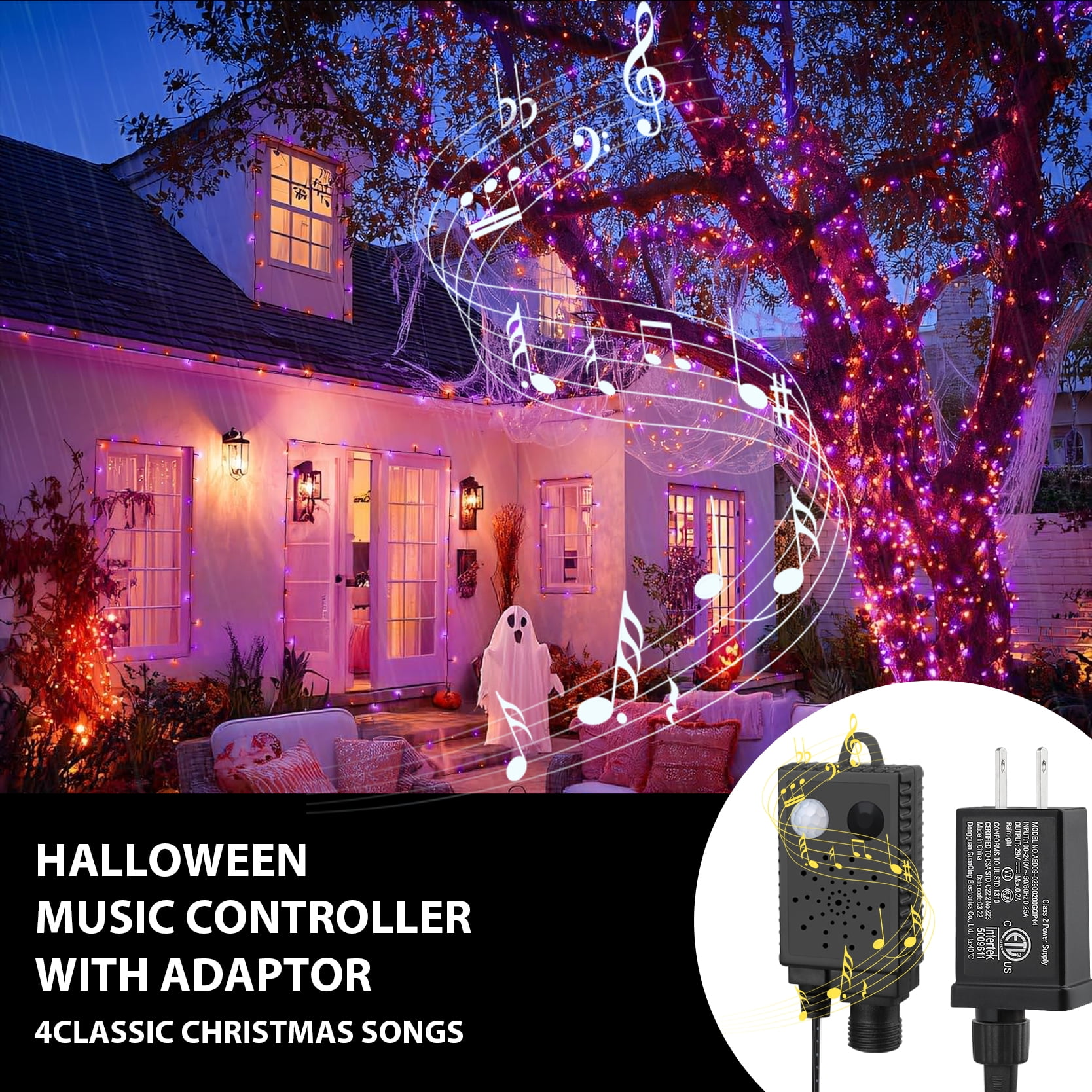 66ft Halloween Lights with Music Motion Sensor Controller,200 LED Fairy Starry String Light Plug in for Indoor Outdoor Xmas Tree Wedding Party Decoration (Orange+Purple)