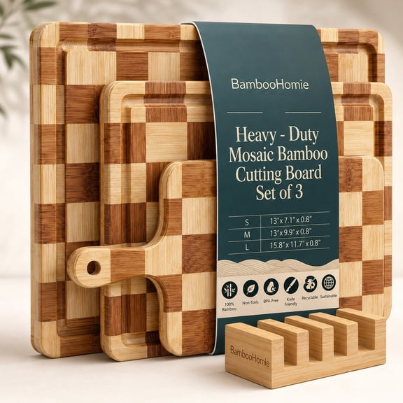 Bamboohomie Checkered Cutting Board Set of 3 with Stand, Bamboo Cutting Boards for Kitchen, Non-Slip Chopping Board