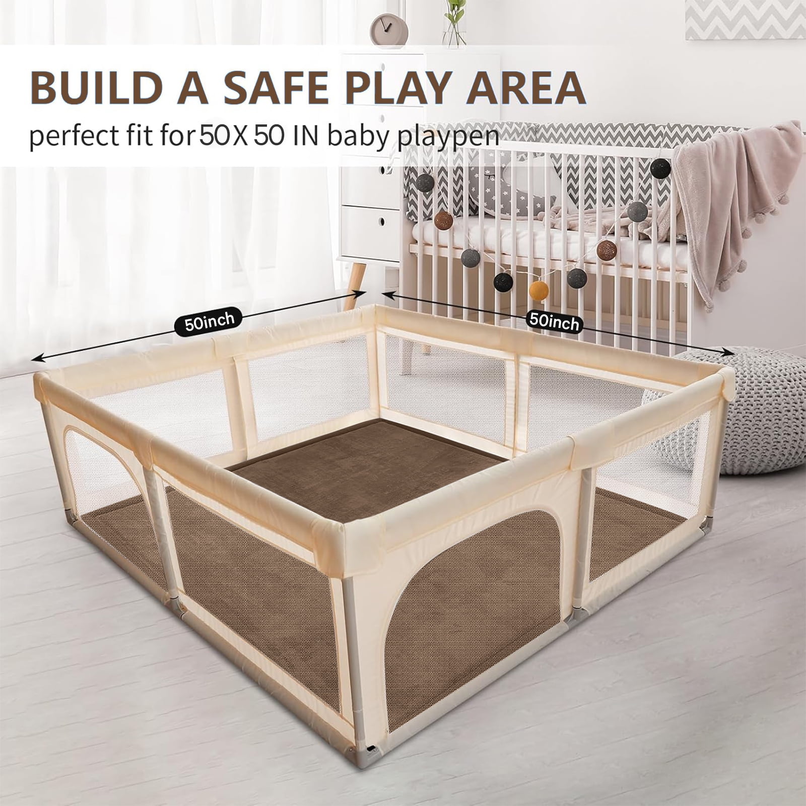 Teler Baby Play Mat for Floor, 1.3" Thick Foam 50"×50" Playmat, Ultra-Soft Plush Feel & Non-Slip Backing Safe for Infants, Toddlers Crawling, Coffee