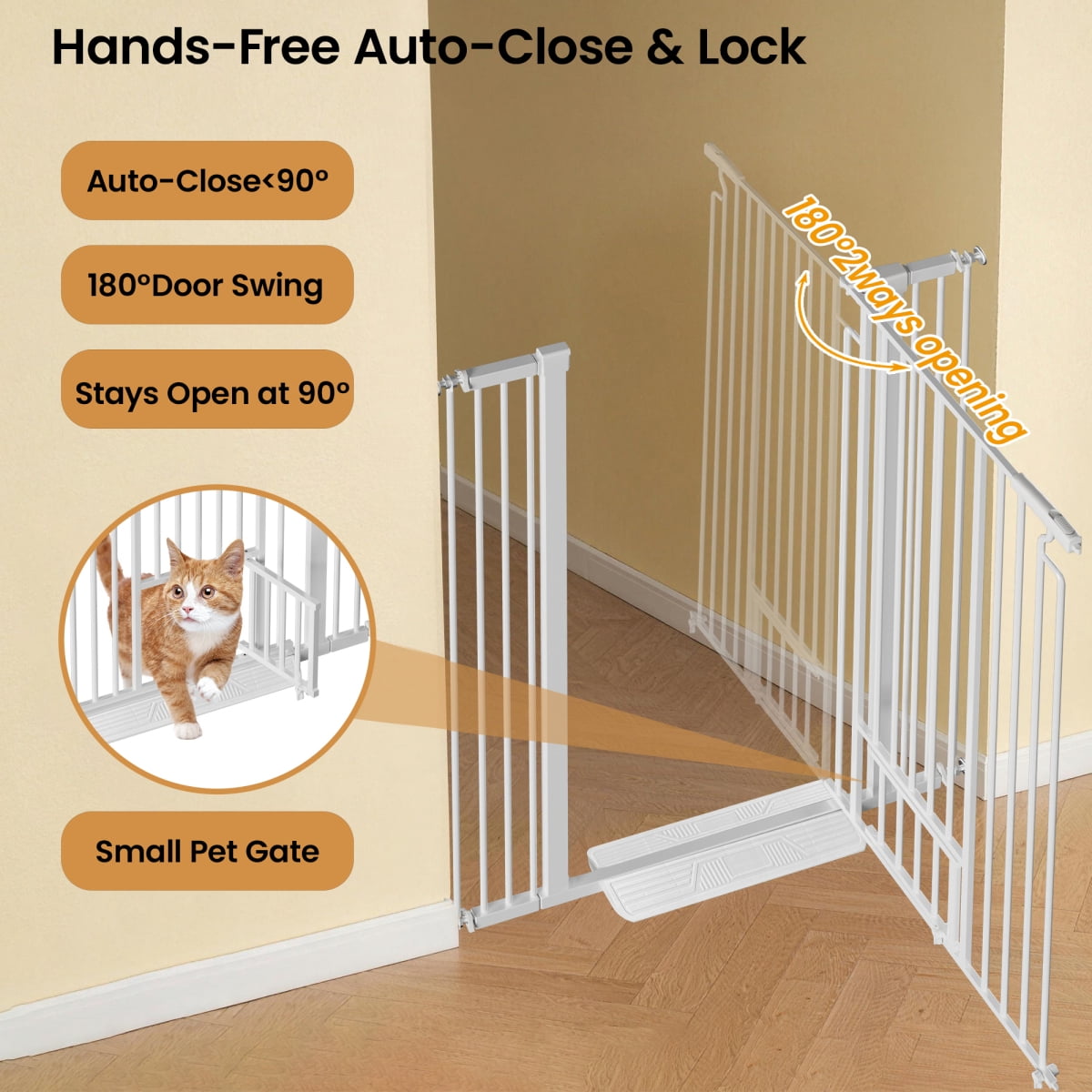 53.15" Extra Tall Cat Gate with Small Cat Door, 29.53"-40.16" Wide Auto Close Safety Pet Gate, 1.37" Narrow Bar Spacing No Drill Pressure Mount for Cats & Dogs, White