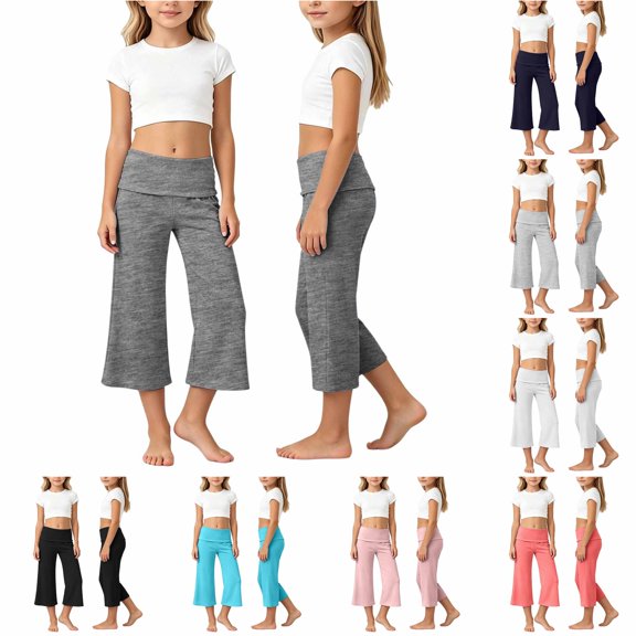 TIANZEN Girls Waist Yoga Pants Solid Color Wide Leg Loose Casual Cropped Capris For Play And Everyday Wear plus Size Girl Leggings