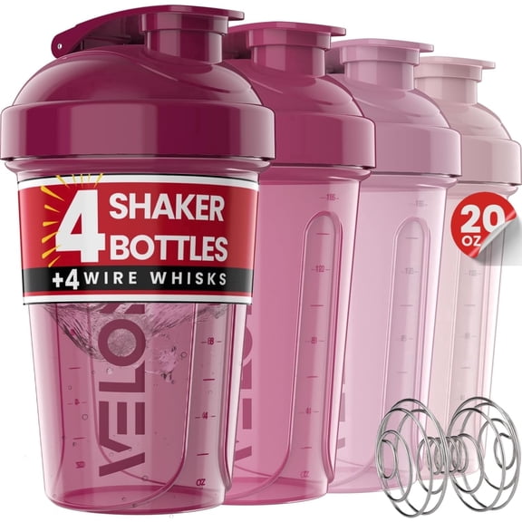 VELOMIX Leak Proof Protein Shaker Bottle with Wire Whisk, 4 Pack, 20 fl oz, Berry Blend