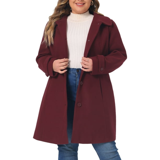 Abrigos de mujer de tallas grandes GRACE & GRANDEUR, chaqueta de trench de un solo botón, abrigos largos de invierno 1X burdeos