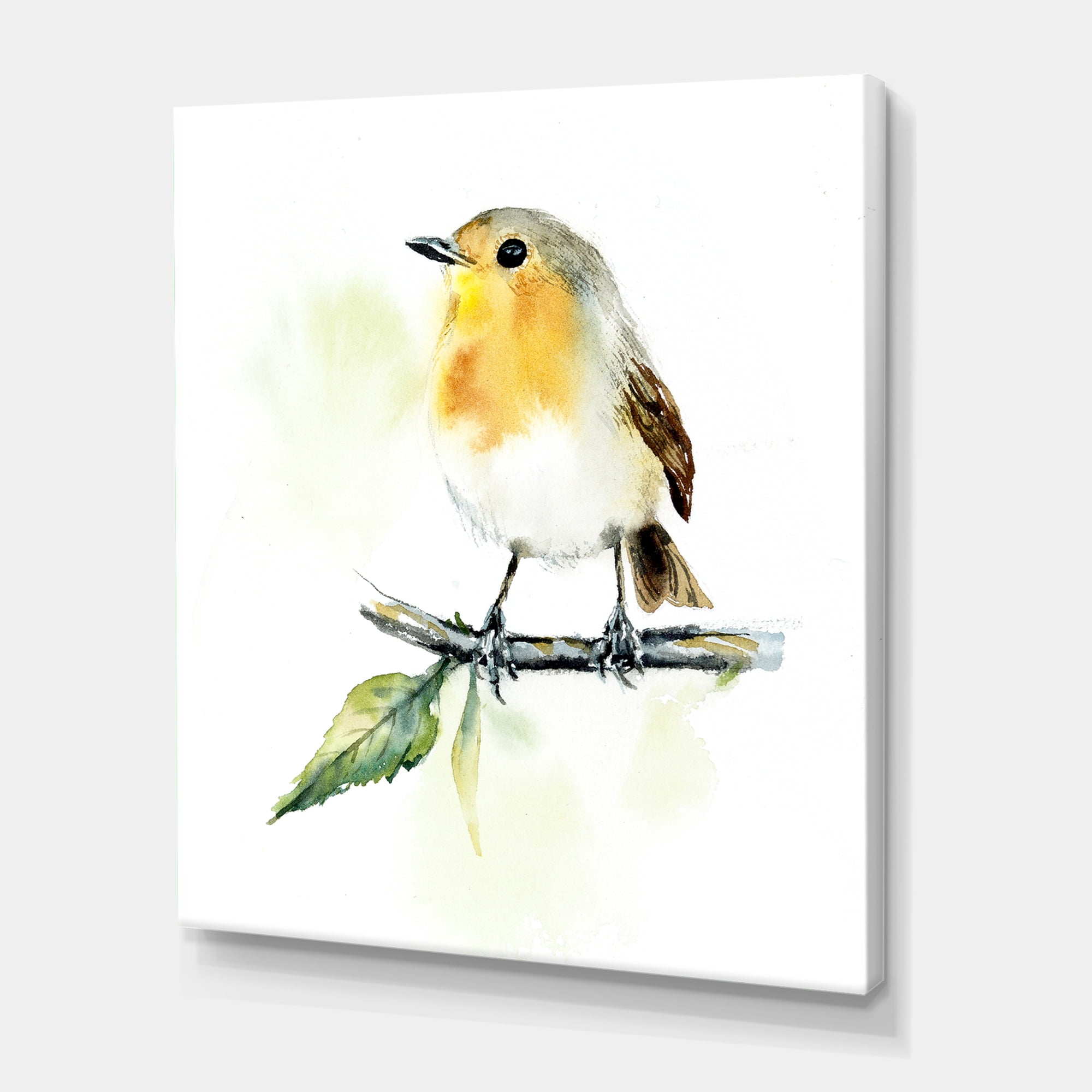 Designart ' Little Robin Bird Sitting On A Branch ' Traditional Canvas Wall Art Print