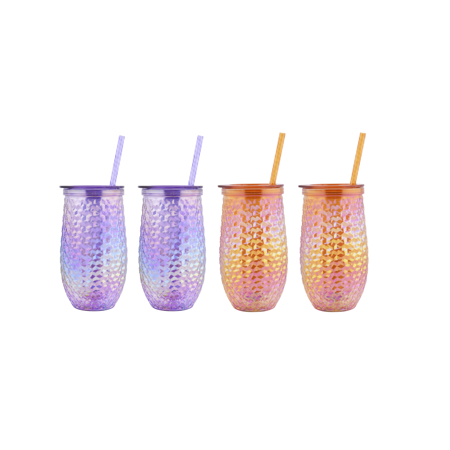 Way To Celebrate 16-Ounce Plastic Stemless Wine Tumbler With Straw  4-Pack  Rainbow Luster