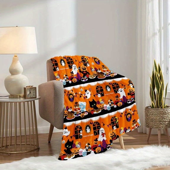 1pc Halloween Fleece Blanket - Soft Cozy Throw with Spooky Ghosts, Witches, Black Cats & Jack-O'-Lanterns Print, Warm Orange & Black Fall Colors, All-Season Indoor/Outdoor Use for Bed, Couch, or Gift