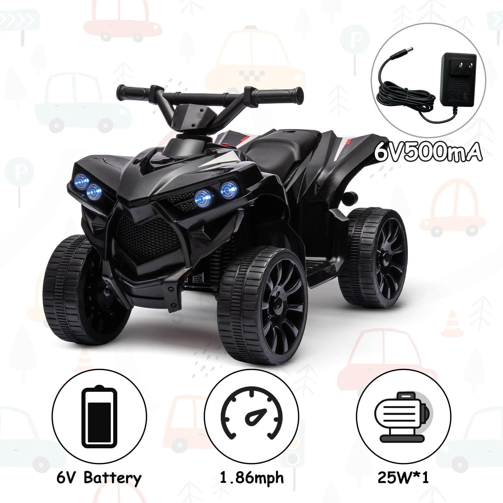 Kids ATV 4 Wheeler, 6V Ride-On Car Toy for Children Ages 1-5, 1.8 Mph Max Speed, Music,Led Lights,Electric Vehicle Quad Car for Kids