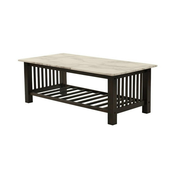 Moen 47 Inch Coffee Table- White Faux Marble Top- Bottom Shelf- Black Wood