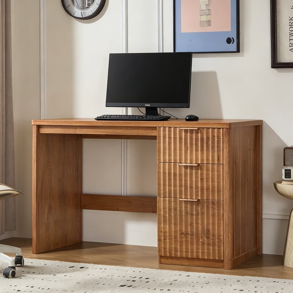 Joaxswe 48" Fluted Executive Desk, Modern Wood Computer Writing Desk Home Office Desk with File Drawer, Storage Cabinet, Tea Brown