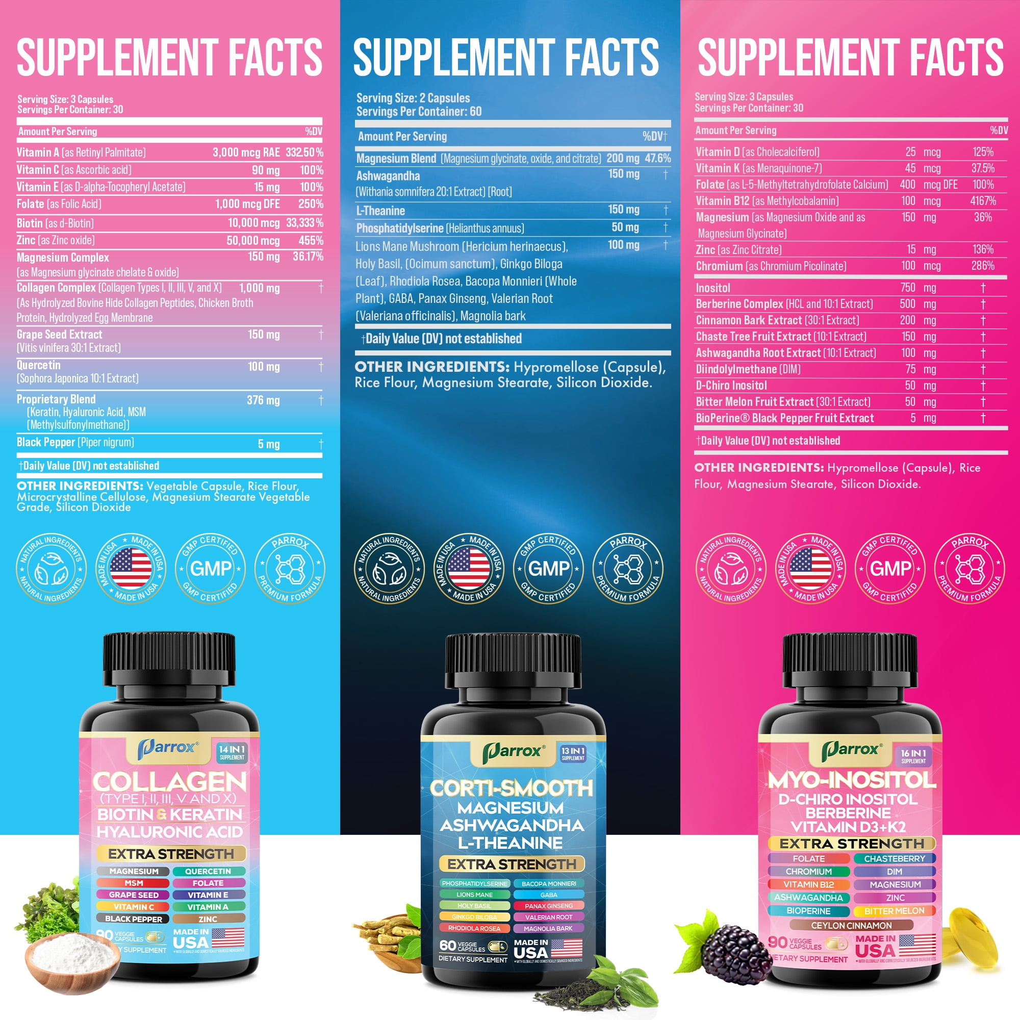 Parrox Ultimate Wellness Bundle – Collagen Peptides Types I, II, III, V, X with Biotin & Keratin,Myo-Inositol,DIM,Vitex,L-Theanine,Berberine,Lions Mane,Cortisol Support,Magnesium,Ashwagandha (3 Pack)