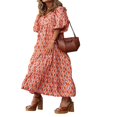 thumbnail image 1 of Robe Longue Bohème à Imprimé Géométrique pour Femmes, Col en V, Manches Longues Bouffantes, Robe Ample à Volants pour l'Été, Orange m, 1 of 8