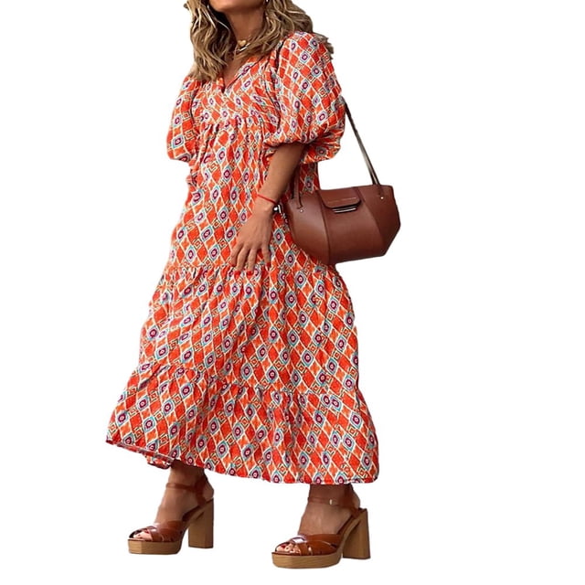 Robe Longue Bohème à Imprimé Géométrique pour Femmes, Col en V, Manches Longues Bouffantes, Robe Ample à Volants pour l'Été, Orange m