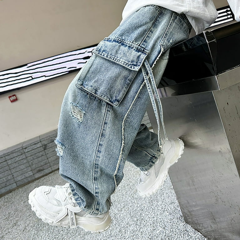 Boys Fashion Blue Jeans Casual Straight Leg Wide Leg Jeans