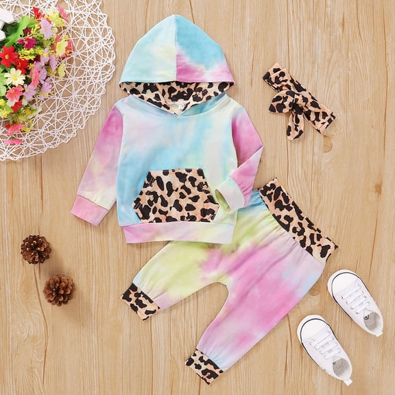 SDJMa Infant Baby Girls Rainbow Tie-Dyed Leopard Hoodie Tops Pants Headbands Outfits