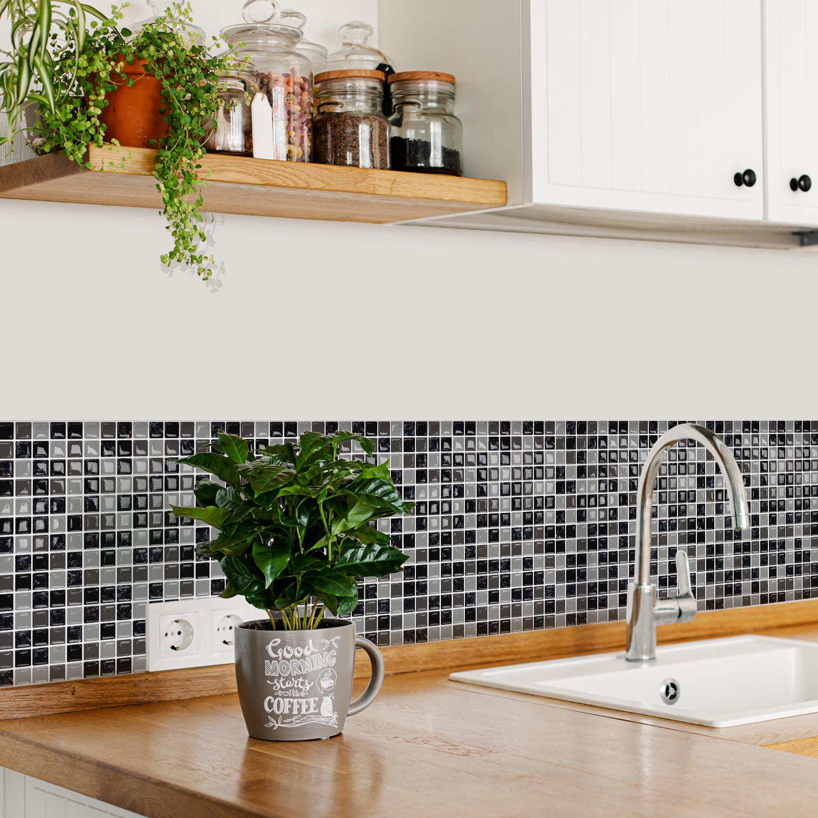 DEWOO 10 Sheet Thicker Mosaic Peel and Stick Backsplash Tile Removable Self Adhesive Wall Tiles for Bathroom Kitchen Counter (12"×12",Grey)