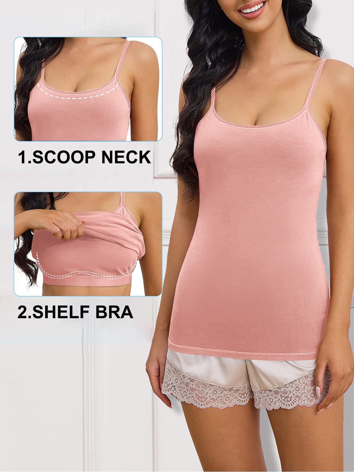 xkwyshop Womens Camisole with Shelf Bra Cotton Undershirts Adjustable Strap  Cami Spaghetti Strap Tank Tops Pink L 