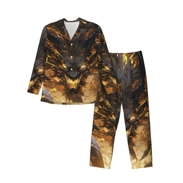 Balery Cool Black Gold Dragon Pijama para Hombre de Dos Piezas con Manga Larga, Conjunto de Dormir y Descanso Suave con Bolsillos-Small