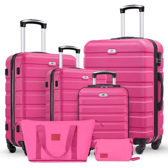 Gowill 6 Piece Luggage Sets,16/20/24/28 inch Hardside Lightweight ABS Suitcase With Expandable Duffle Bag (Rose Red)