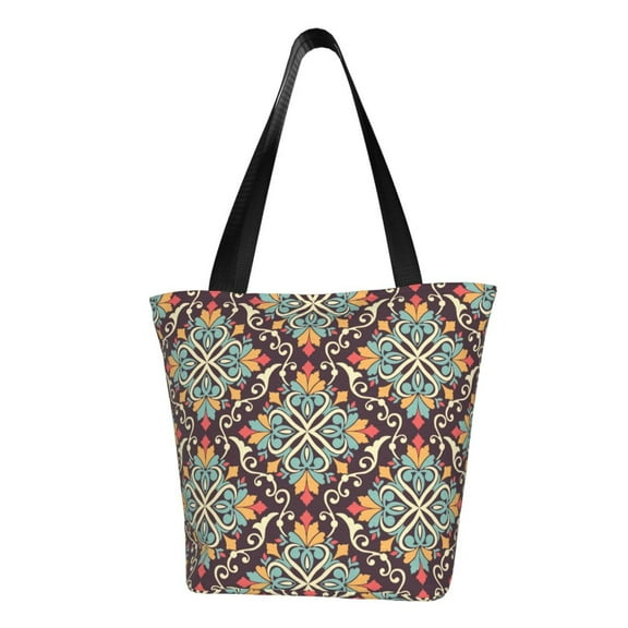 TEQUAN Reusable Shoulder Tote Bags, Traditional Floral Morocco Style Prints Polyester Casual Shopping Grocery Bag for Women