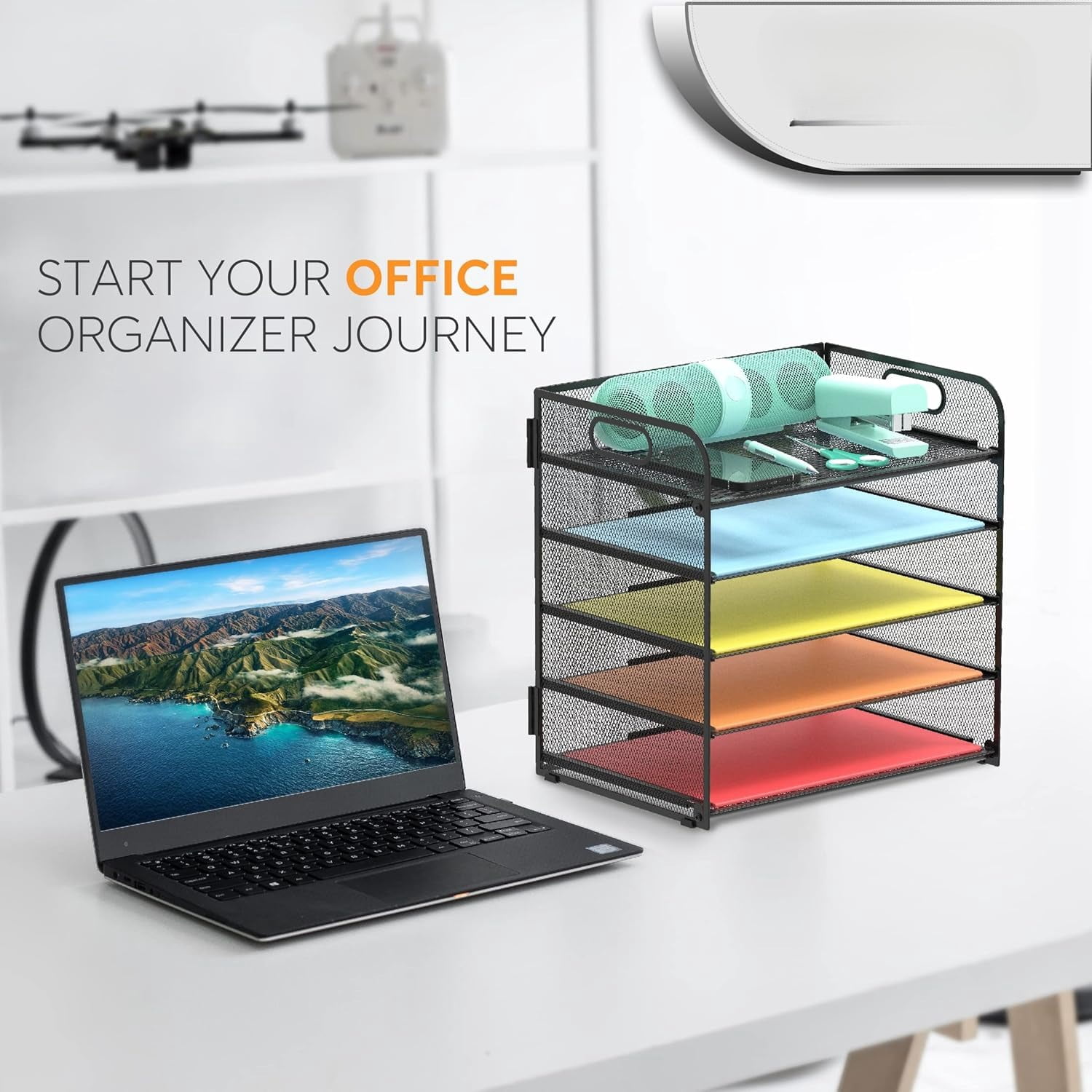 2 Pack Letter Tray Paper Organizer 5-Tier Desk Organizer File Organizer Paper Holder with Handle, Metal Desktop Document Shelf Tray Office Classroom Organization - Blue