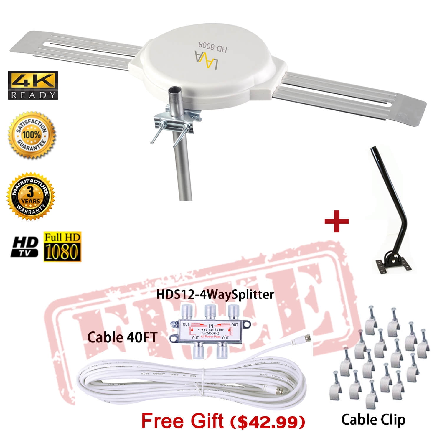 LAVA HD-8000 360-DEGREES HDTV DIGITAL AMPLIFIED OUTDOOR TV ANTENNA HD VHF CABLE