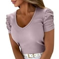 thumbnail image 2 of Augper Blouses for Women Dressy Casual Casual Sexy Fashion Summer Stretch Threaded Pullover Puff Sleeve V-Neck Short Sleeve T-Shirt Top, 2 of 9