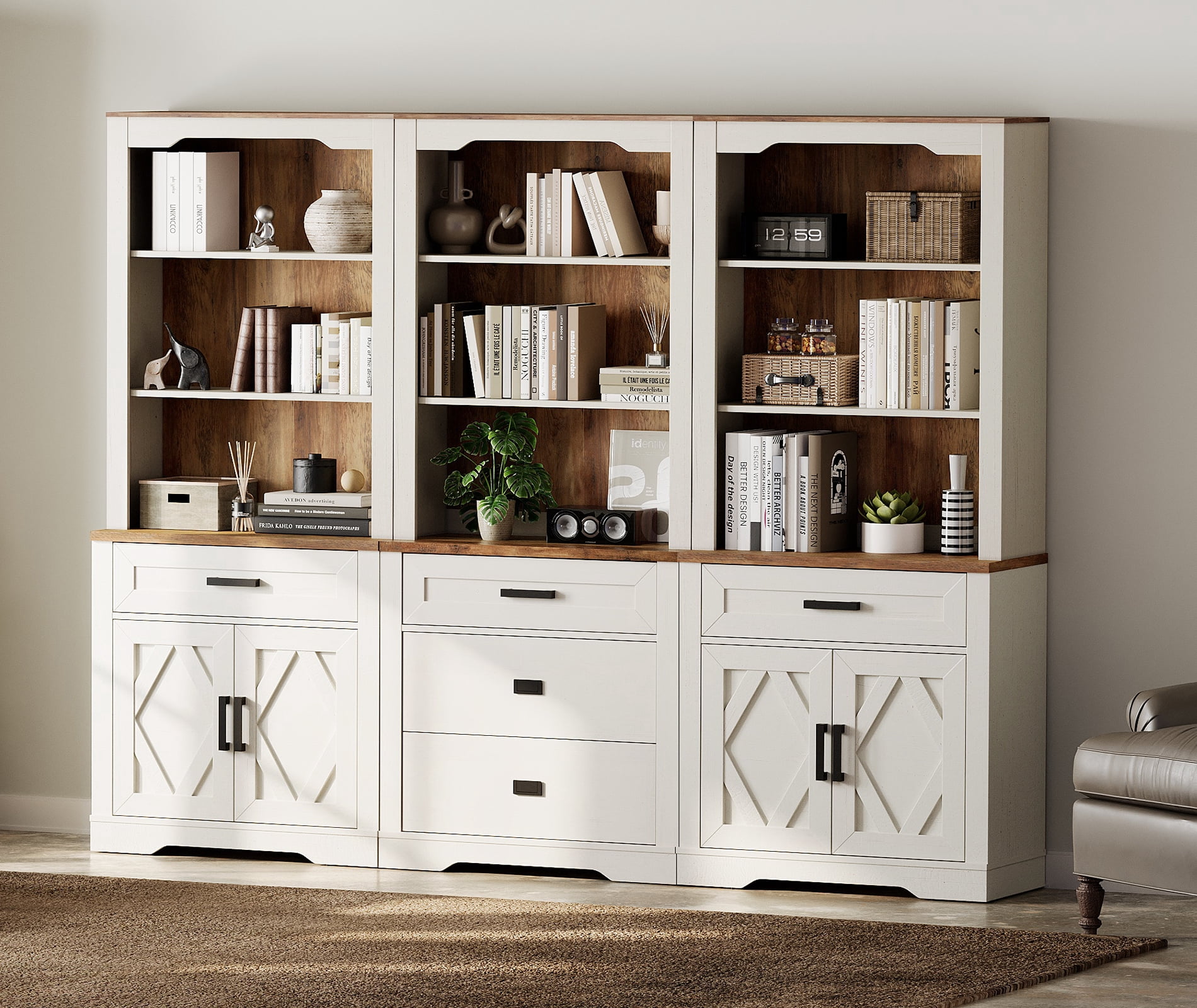 WAMPAT 3 Column Bookcase with Drawer,73.3" Tall Floor Standing Bookshelf,Modern Farmhouse Display Storage Cabinet with Adjustable Shelves,Cream White