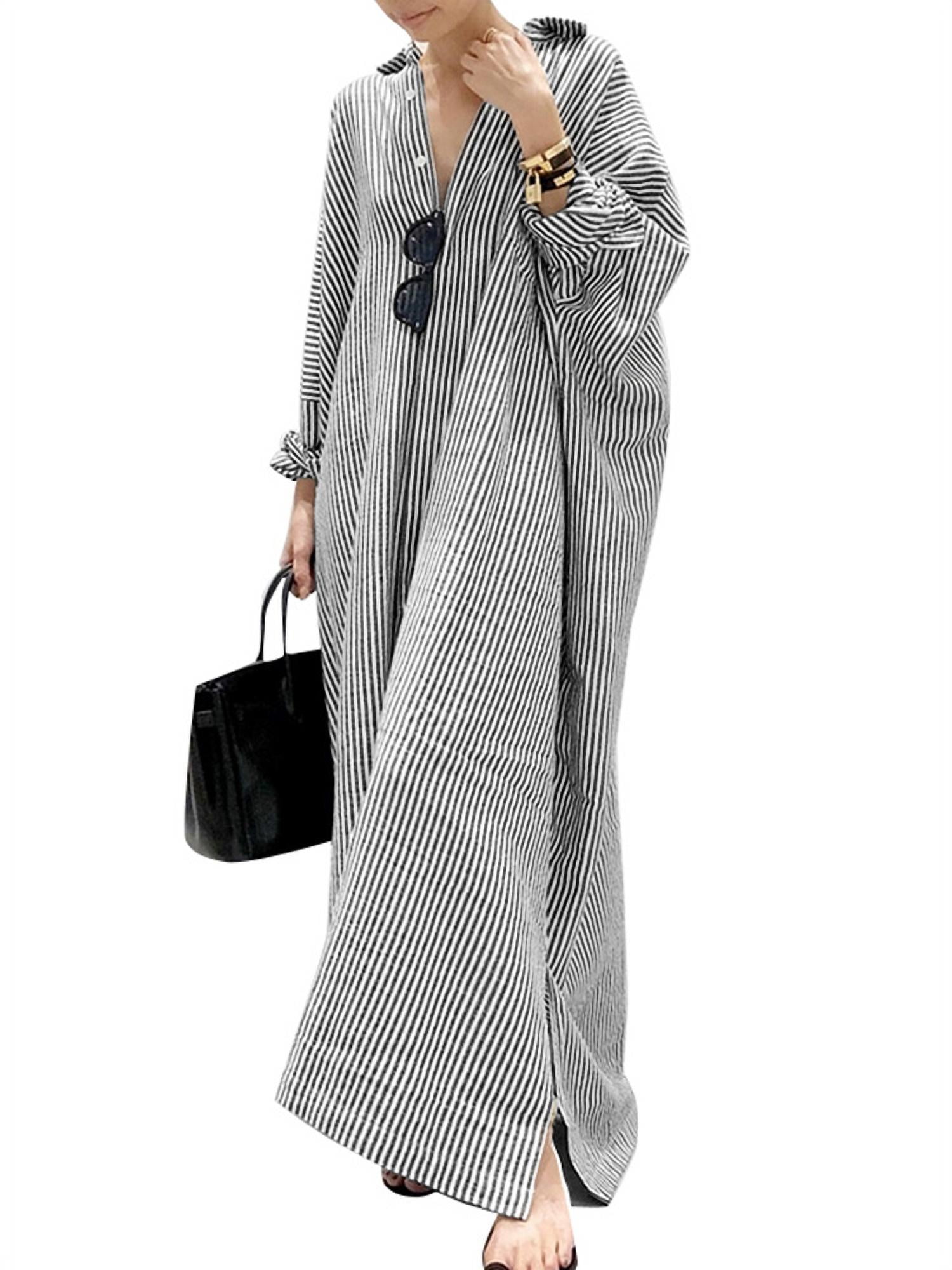 ZANZEA Cotton Full Sleeved Striped Printed Long Dress Women - Walmart.com