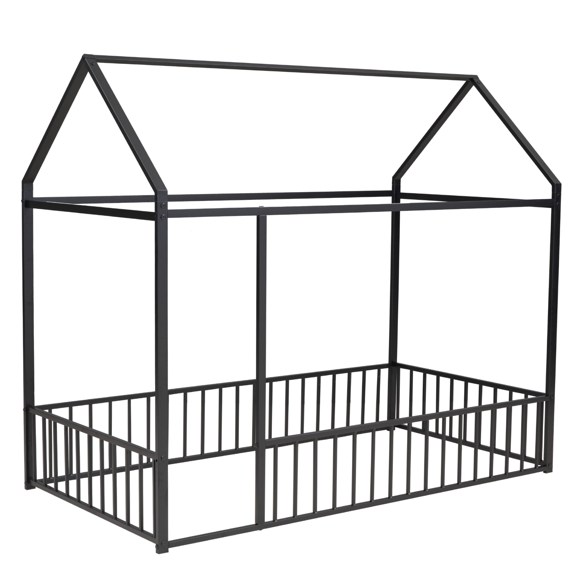 Gewnee Twin Size Metal House Bed frame with Fence,Montessori Floor Bed for Toddler and Kids,Black