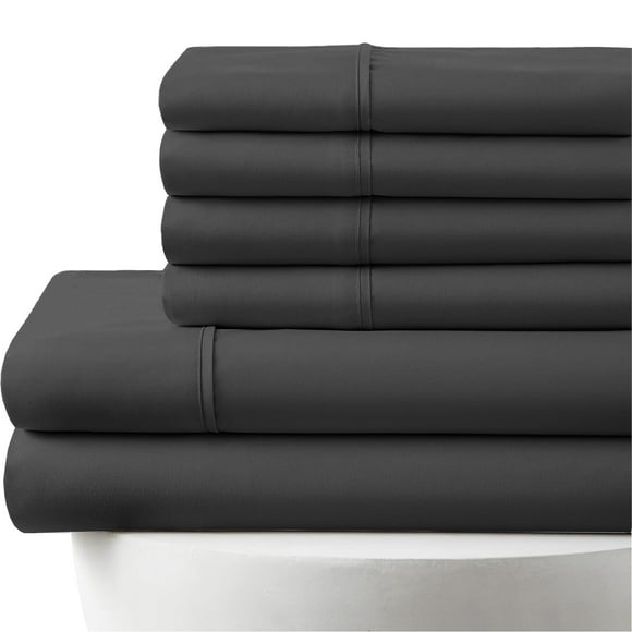 24-INCH EXTRA DEEP POCKETS -Short King Egyptian 1000-TC Cotton 6-PC Sheet Set with 1 Fitted Sheet, 1 Oversized Flat Sheet 4 Pillowcases - Dark Grey