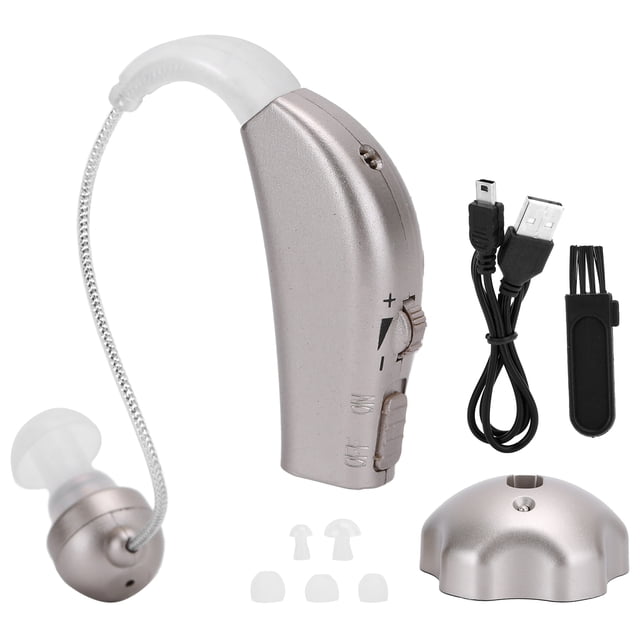 Audífono recargable con amplificador de sonido ABS y base de carga para reducción de ruido.