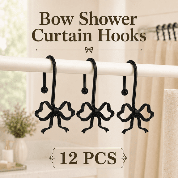 TAVENE Black Bow Shower Curtain Hooks, 12 Pack Decorative Metal Rust Proof Shower Curtain Rings for Bathroom, Elegant Cute Curtain Hangers for Standard Shower Rods