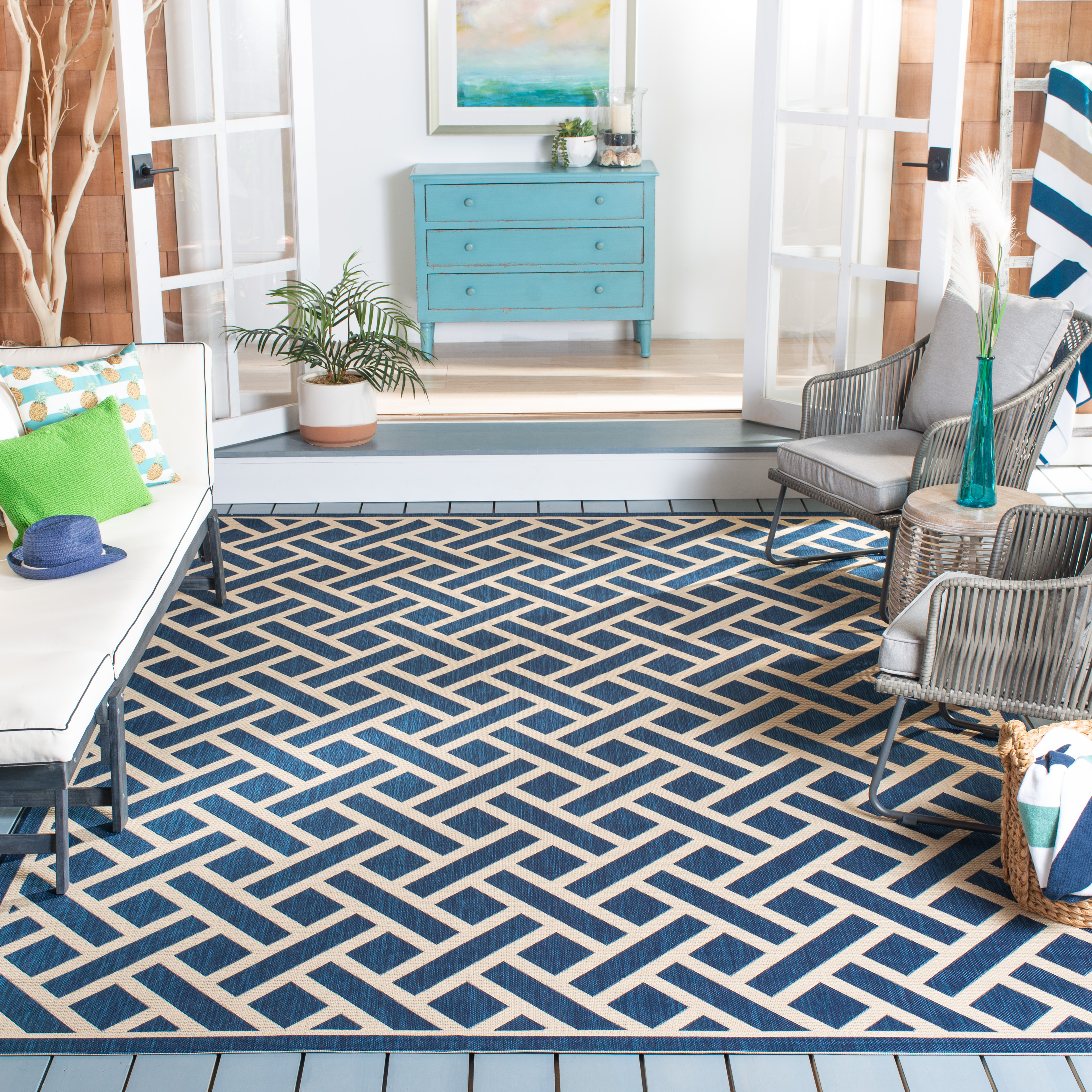 SAFAVIEH Courtyard Janey Bordered Indoor/Outdoor Area Rug, Navy/Light Beige, 9' x 12'