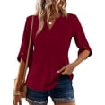 thumbnail image 4 of Womens Dressy 3/4 Sleeve Tops Trendy Cut V Neck Plain Tunic Shirts Cute Casual Solid Color Blouses Spring Summer Outfits Wine L, 4 of 6