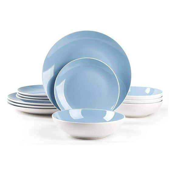 Stoneware Dinnerware Set, 12pc Coupe Shape - White Exterior, Blue Interior - Service for 4 - Includes Plates & Bowls - Microwave & Dishwasher Safe